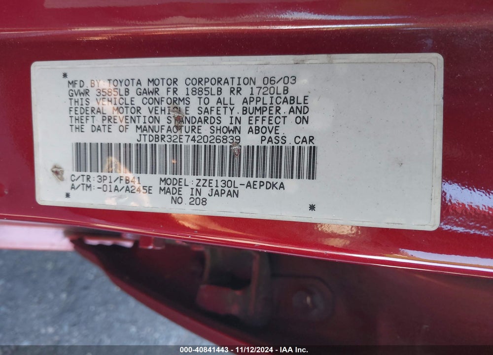 2004 TOYOTA COROLLA CE VIN: JTDBR32E742026839