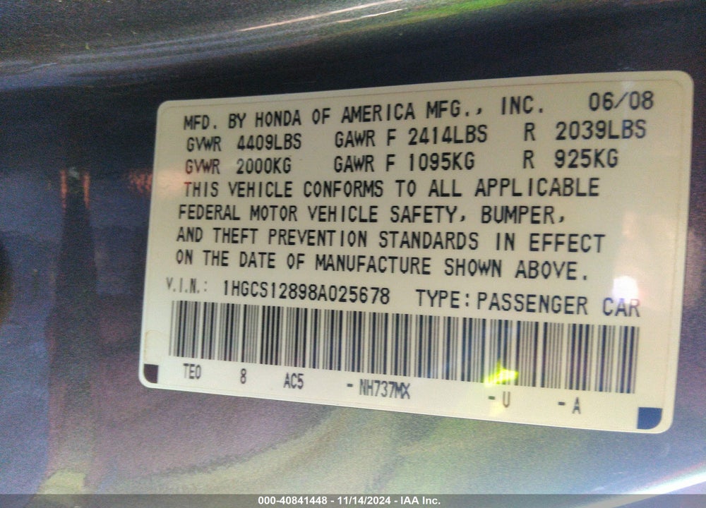 2008 HONDA ACCORD 2.4 EX-L VIN: 1HGCS12898A025678
