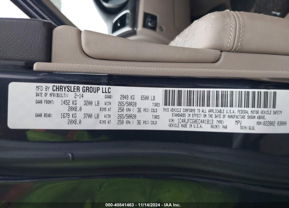 2014 JEEP GRAND CHEROKEE OVERLAND VIN: 1C4RJFCG0EC441813