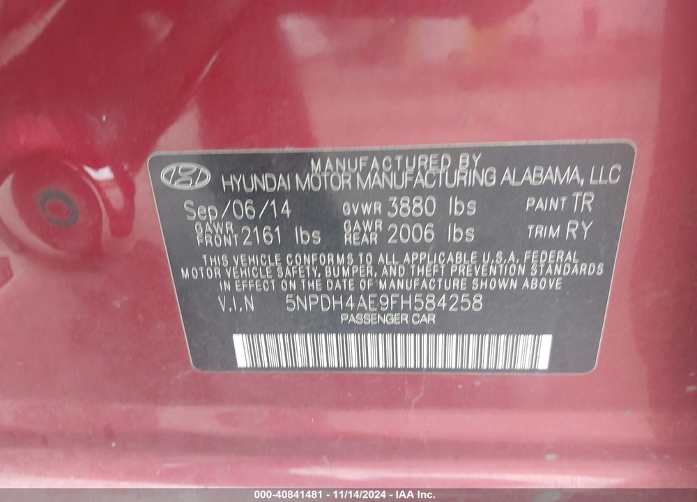 2015 HYUNDAI ELANTRA SE VIN: 5NPDH4AE9FH584258