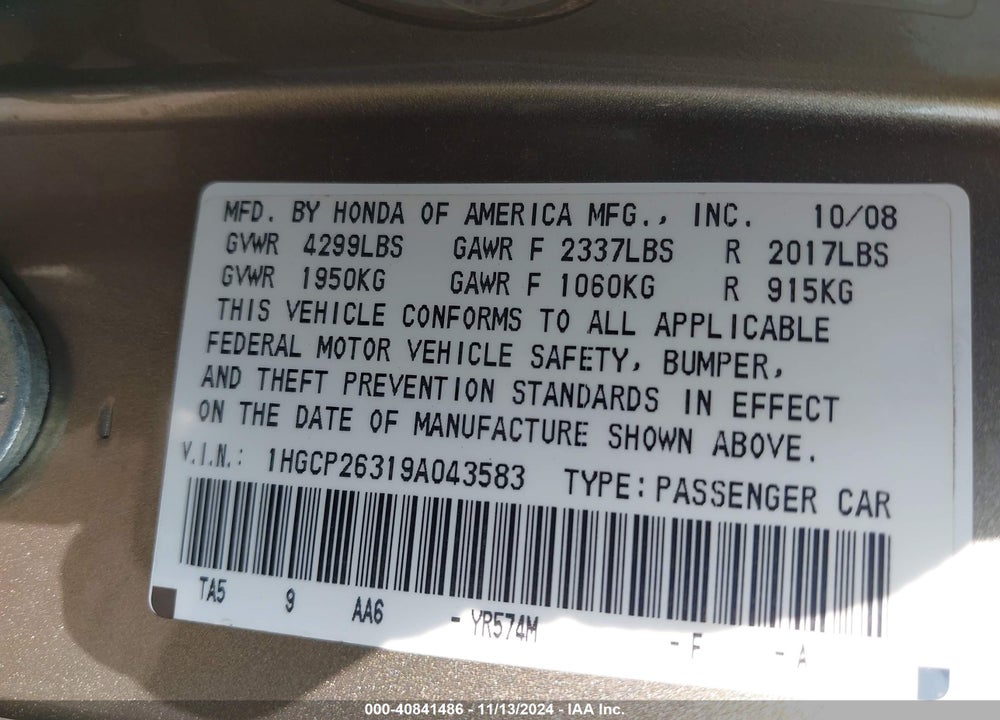 2009 HONDA ACCORD 2.4 LX VIN: 1HGCP26319A043583