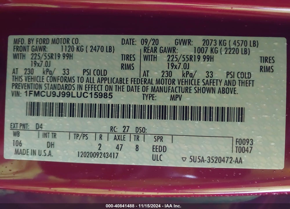 2020 FORD ESCAPE TITANIUM VIN: 1FMCU9J99LUC15985