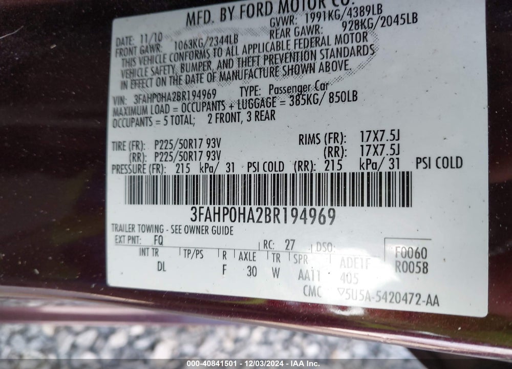 2011 FORD FUSION SE VIN: 3FAHP0HA2BR194969