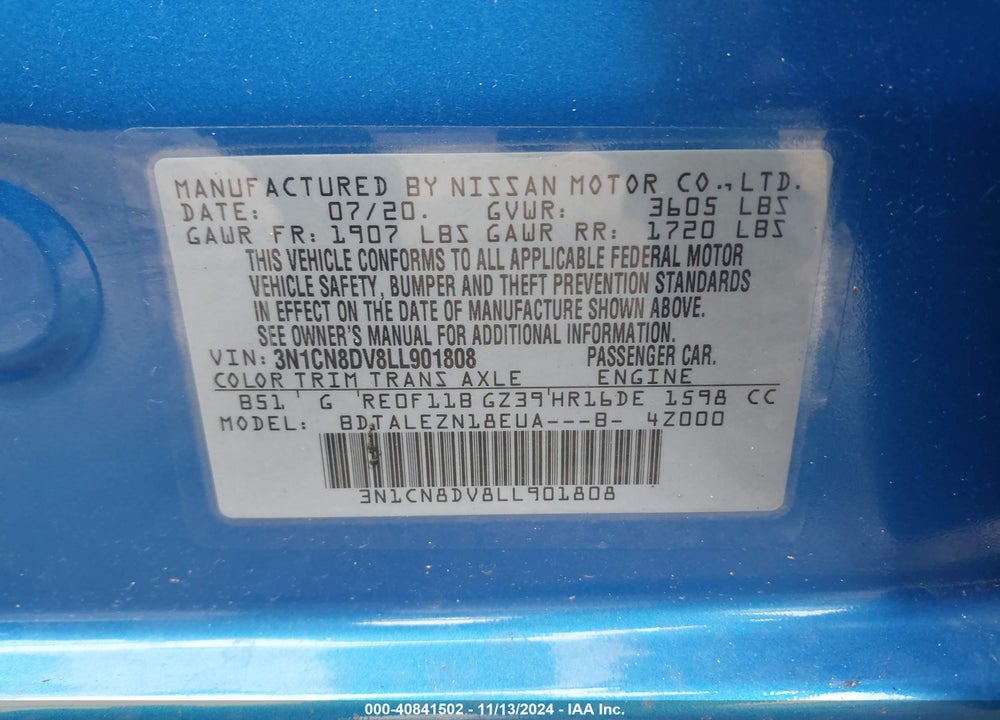 2020 NISSAN VERSA VIN: 3N1CN8DV8LL901808
