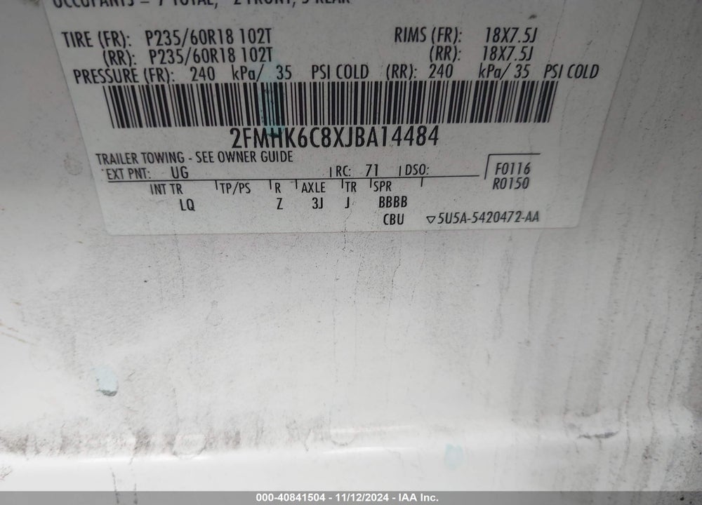 2018 FORD FLEX SEL VIN: 2FMHK6C8XJBA14484