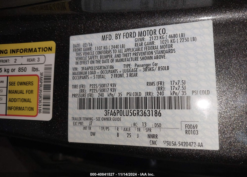 2016 FORD FUSION HYBRID SE VIN: 3FA6P0LU5GR363186