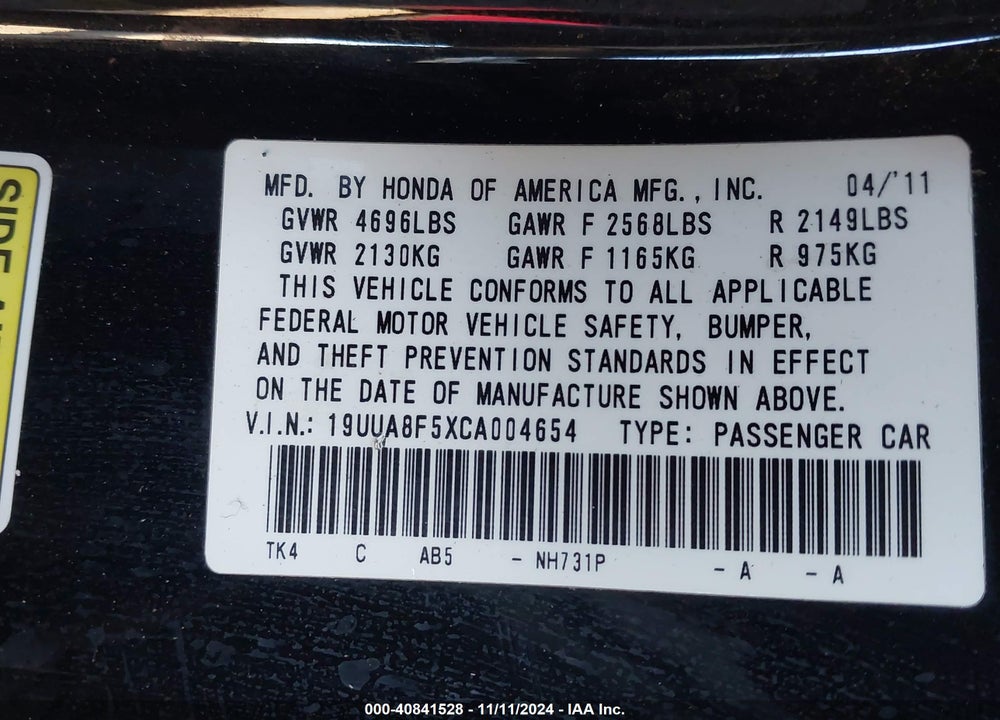 2012 ACURA TL 3.5 VIN: 19UUA8F5XCA004654