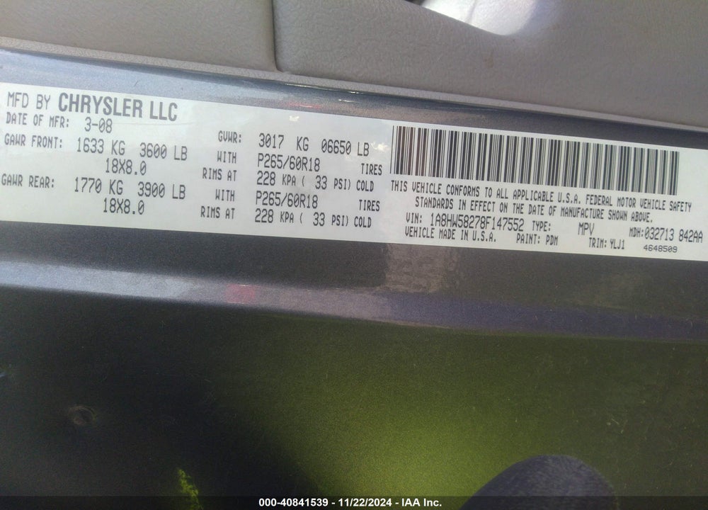 2008 CHRYSLER ASPEN LIMITED VIN: 1A8HW58278F147552