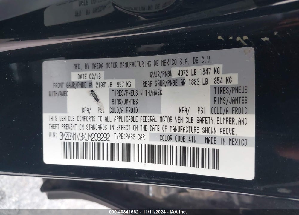 2018 MAZDA 3 TOURING VIN: 3MZBN1V3XJM209292