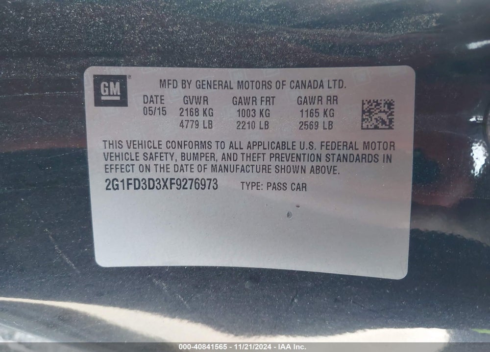 2015 CHEVROLET CAMARO 1LT VIN: 2G1FD3D3XF9276973