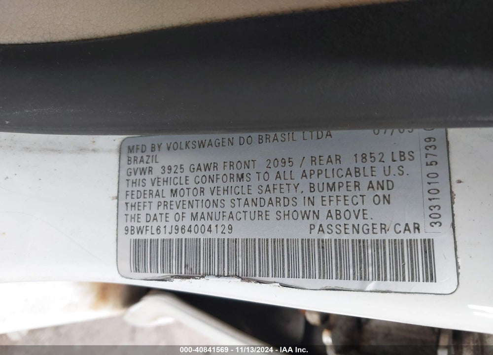 2006 VOLKSWAGEN GOLF GL 2.0L VIN: 9BWFL61J964004129
