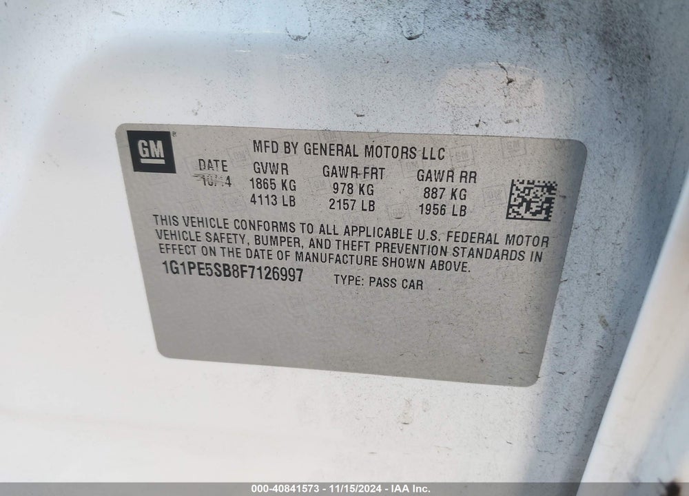 2015 CHEVROLET CRUZE VIN: 1G1PE5SB8F7126997