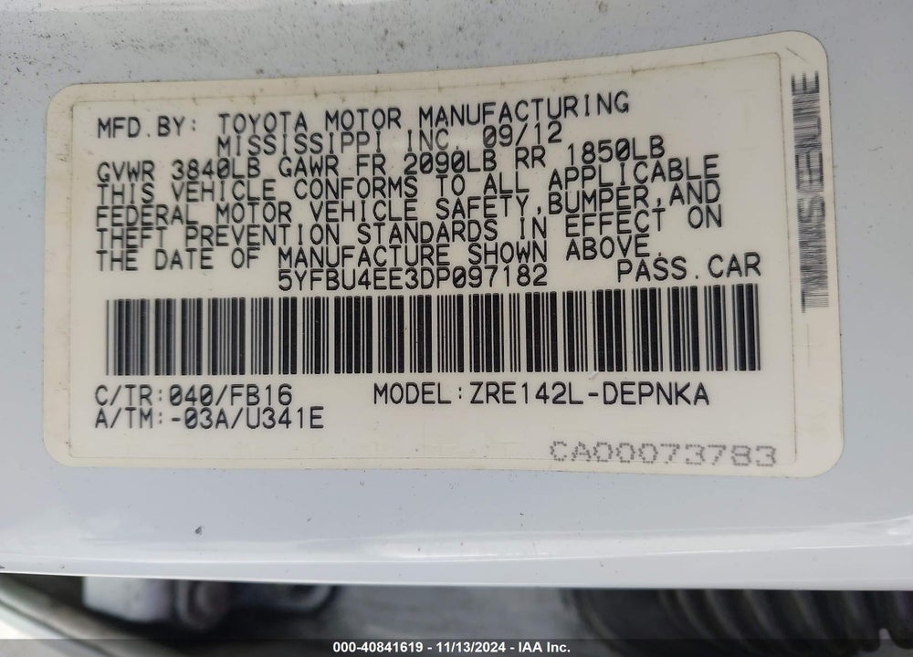 2013 TOYOTA COROLLA LE VIN: 5YFBU4EE3DP097182