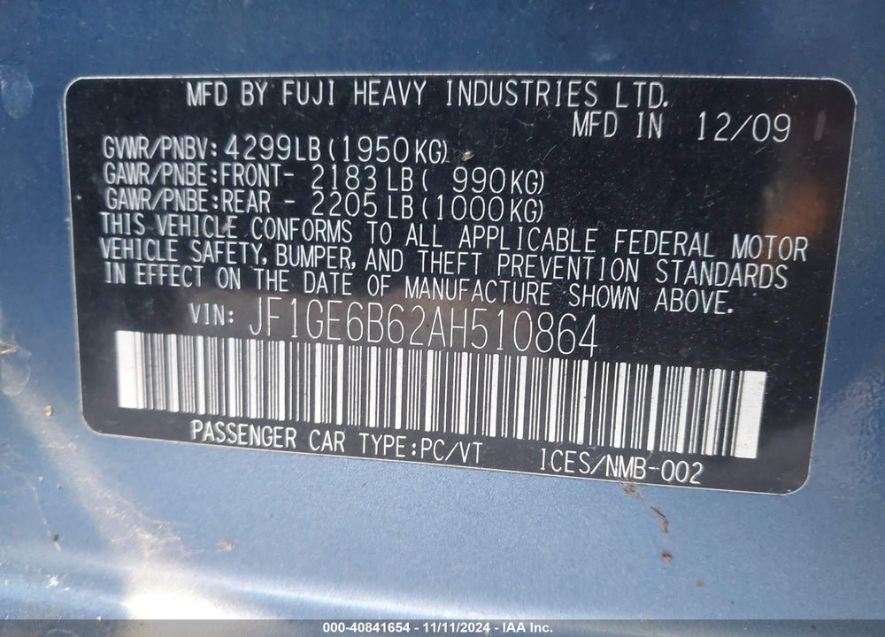 2010 SUBARU IMPREZA 2.5I PREMIUM VIN: JF1GE6B62AH510864