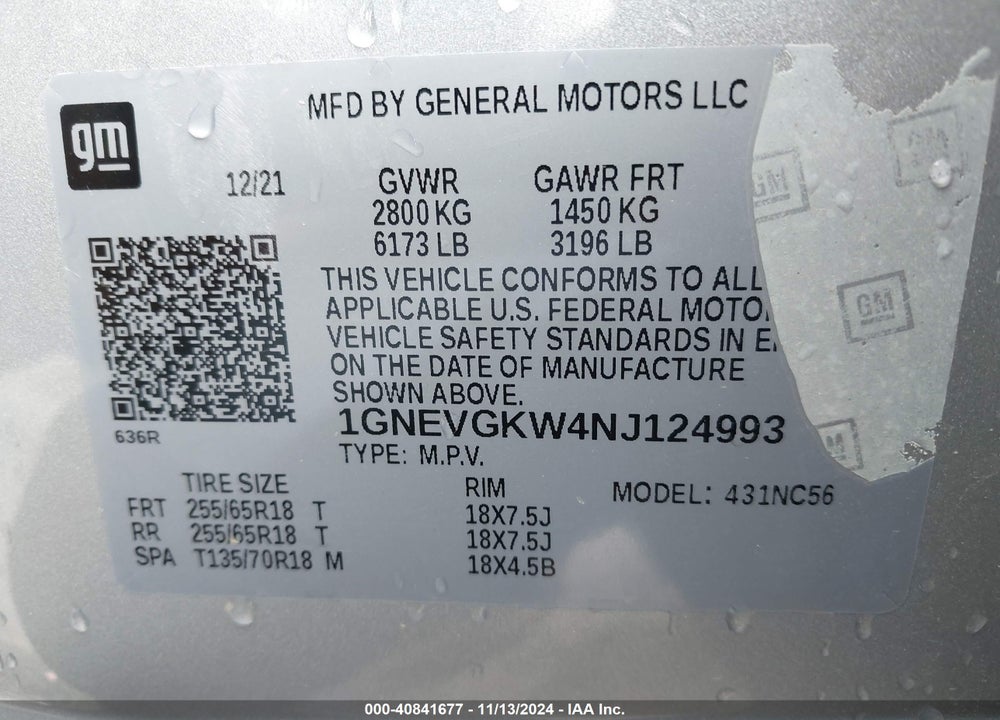 2022 CHEVROLET TRAVERSE VIN: 1GNEVGKW4NJ124993