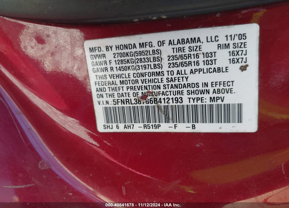 2006 HONDA ODYSSEY EX-L VIN: 5FNRL38786B412193