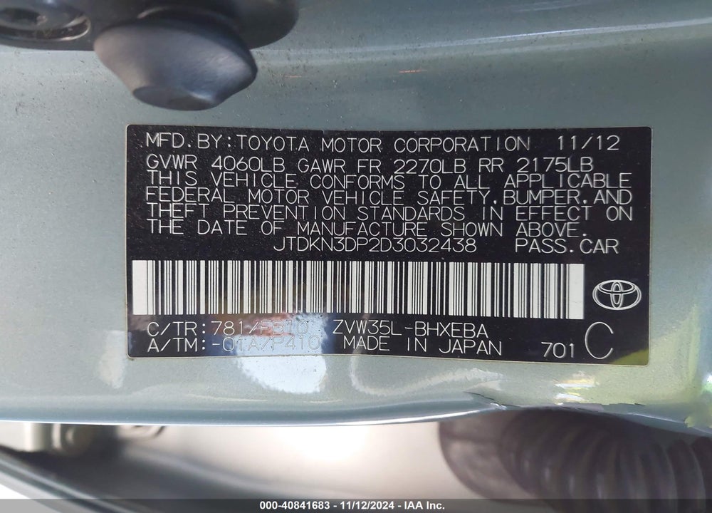2013 TOYOTA PRIUS PLUG-IN VIN: JTDKN3DP2D3032438