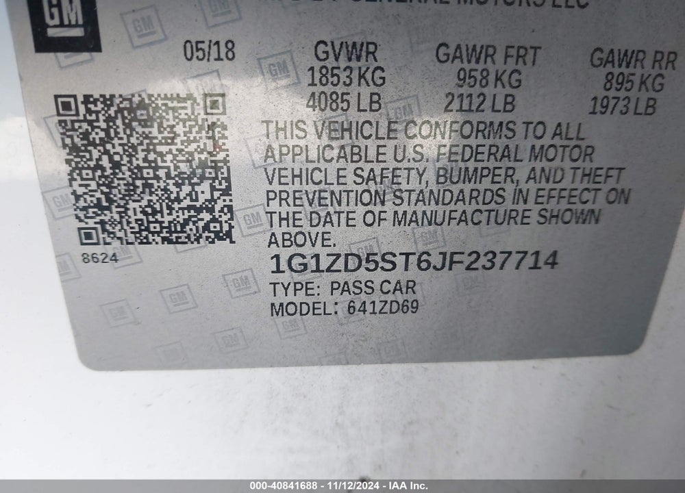 2018 CHEVROLET MALIBU LT VIN: 1G1ZD5ST6JF237714