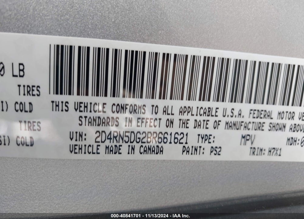 2011 DODGE GRAND CARAVAN VIN: 2D4RN5DG2BR661621