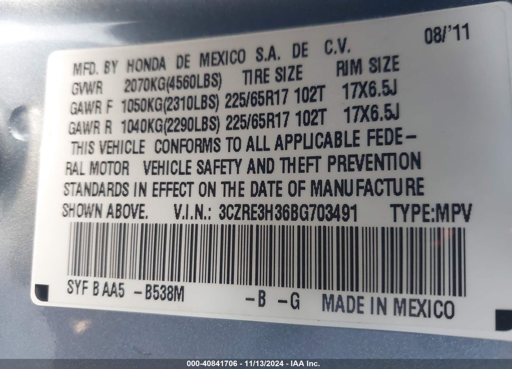 2011 HONDA CR-V LX VIN: 3CZRE3H36BG703491