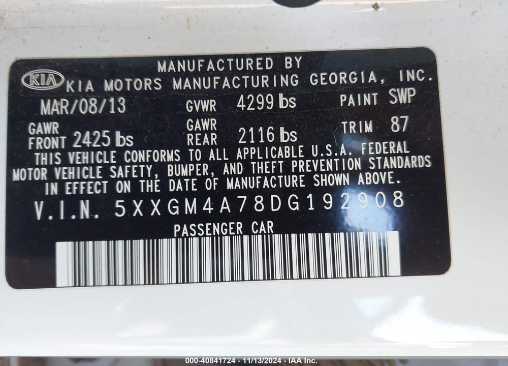 2013 KIA OPTIMA LX VIN: 5XXGM4A78DG192908