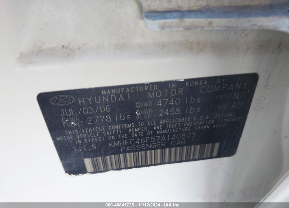 2007 HYUNDAI AZERA LIMITED/SE VIN: KMHFC46F57A140873
