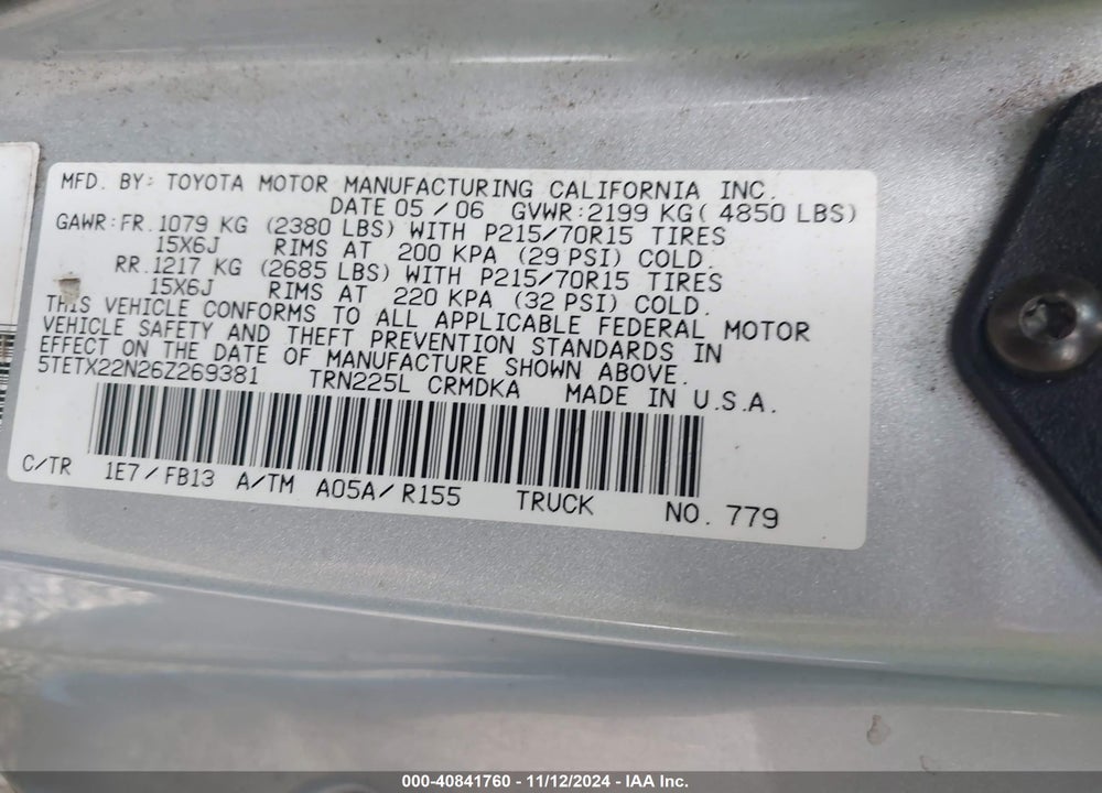 2006 TOYOTA TACOMA VIN: 5TETX22N26Z269381