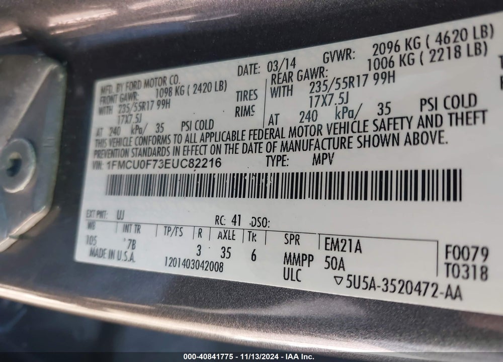 2014 FORD ESCAPE S VIN: 1FMCU0F73EUC82216