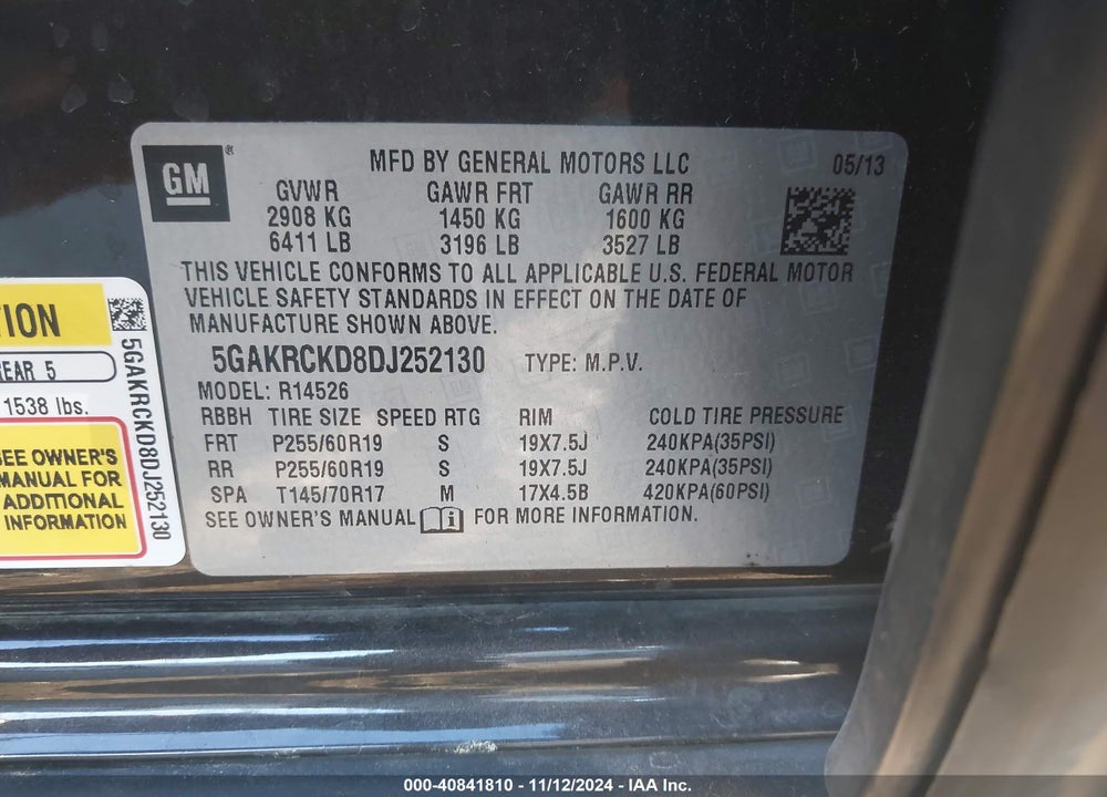 2013 BUICK ENCLAVE LEATHER VIN: 5GAKRCKD8DJ252130