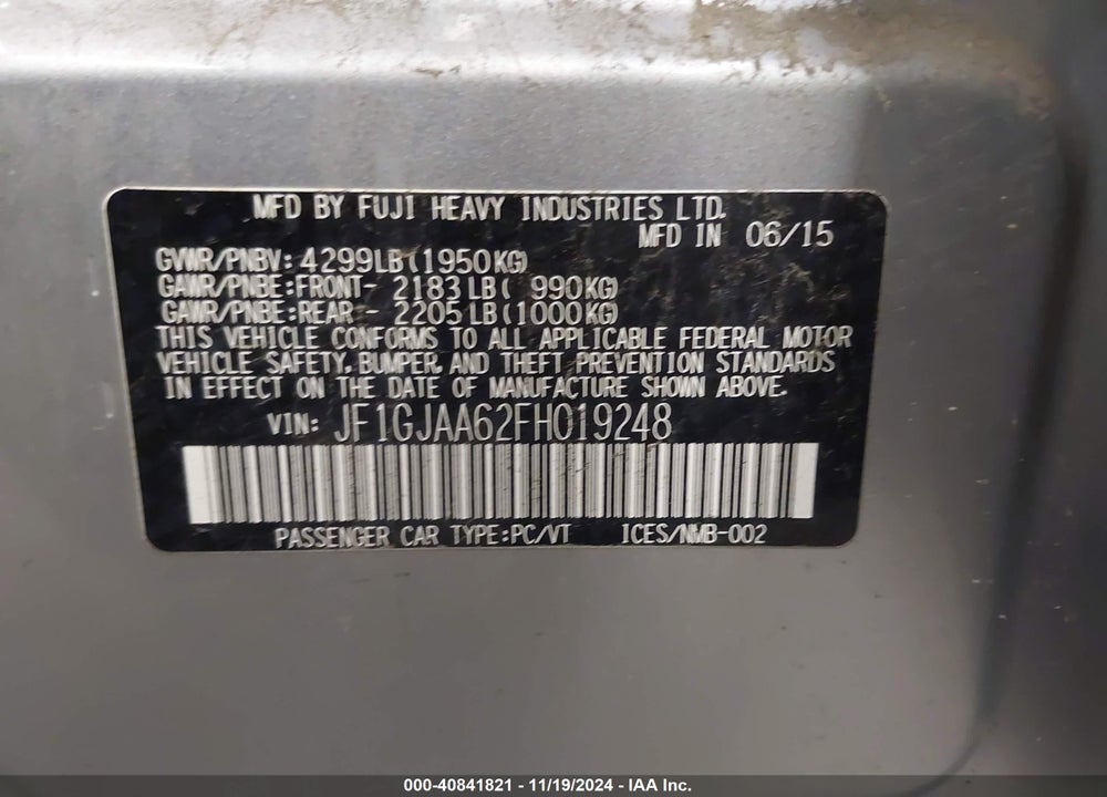 2015 SUBARU IMPREZA VIN: JF1GJAA62FH019248