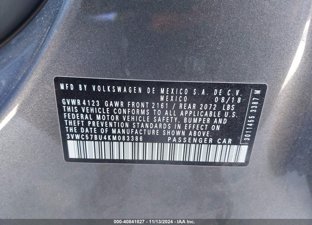 2019 VOLKSWAGEN JETTA 1.4T R-LINE/1.4T S/1.4T SE VIN: 3VWC57BU4KM083386