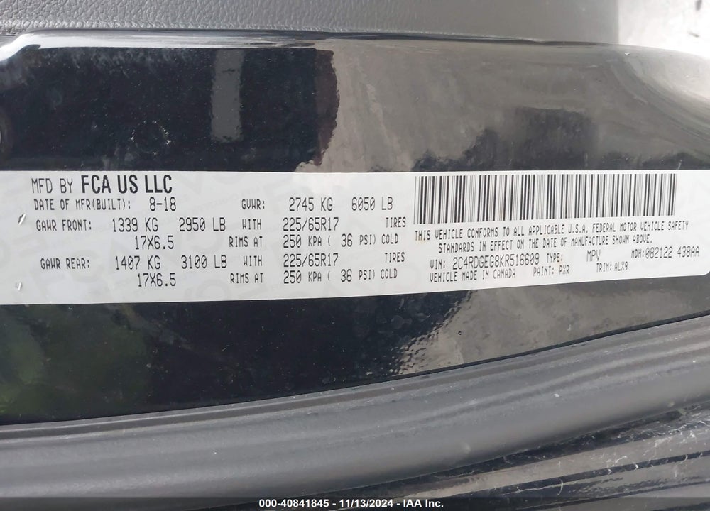 2019 DODGE GRAND CARAVAN GT VIN: 2C4RDGEG8KR516609