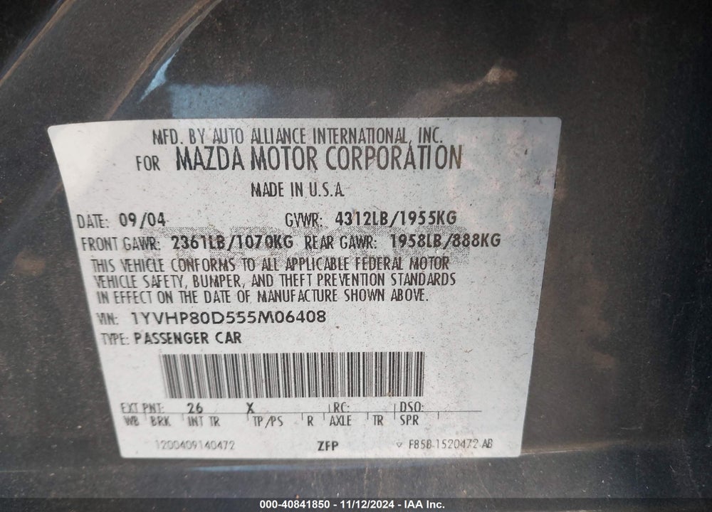 2005 MAZDA 6 S GRAND TOURING VIN: 1YVHP80D555M06408