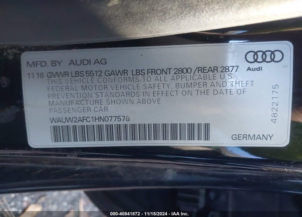 2017 AUDI A7 3.0T PREMIUM PLUS VIN: WAUW2AFC1HN077578