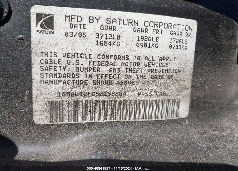 2005 SATURN ION 3 VIN: 1G8AW12F65Z158804