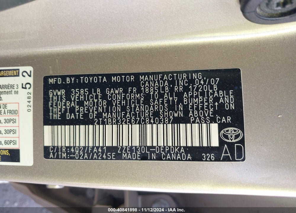 2007 TOYOTA COROLLA CE VIN: 2T1BR32E67C840387