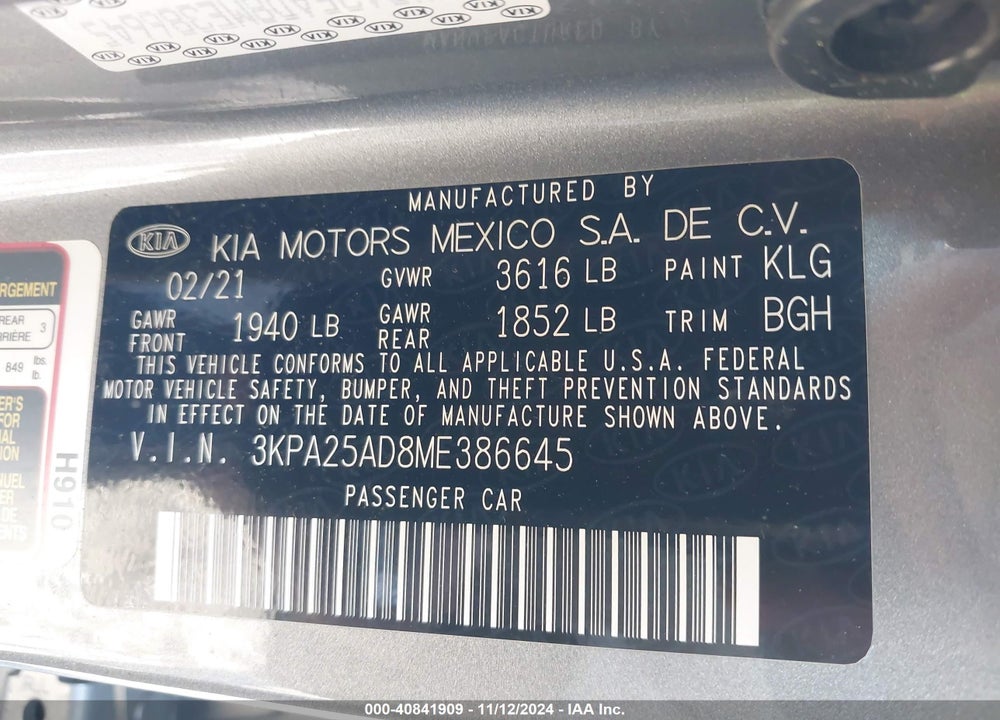 2021 KIA RIO 5-DOOR S VIN: 3KPA25AD8ME386645