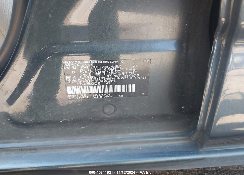 2011 TOYOTA RAV4 BASE V6 VIN: 2T3BK4DVXBW050256