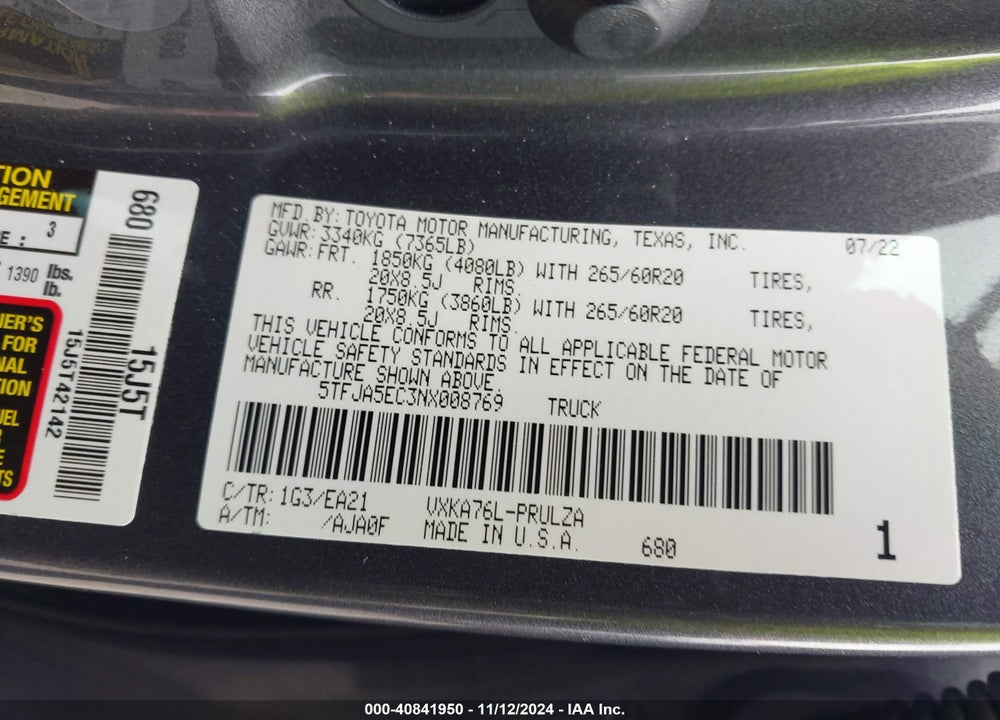 2022 TOYOTA TUNDRA LIMITED VIN: 5TFJA5EC3NX008769