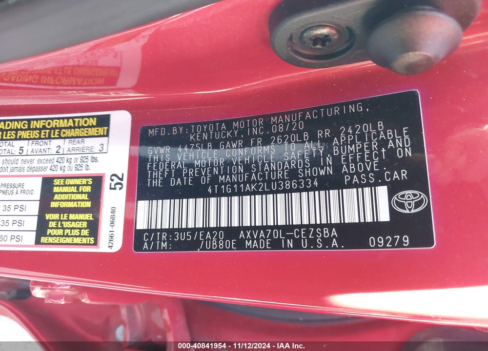 2020 TOYOTA CAMRY SE VIN: 4T1G11AK2LU386334