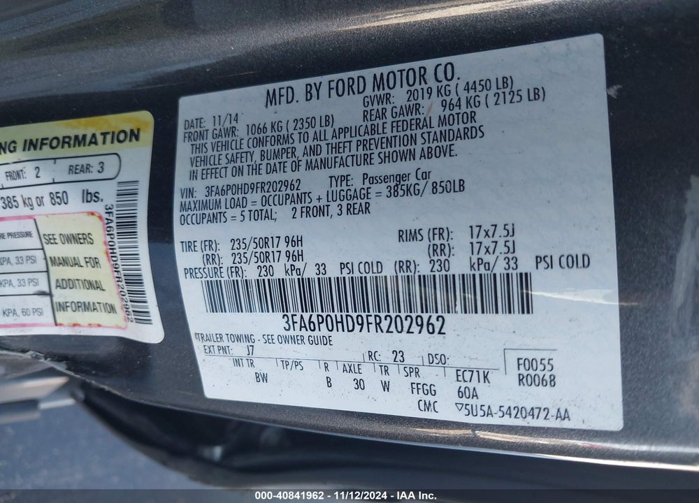 2015 FORD FUSION SE VIN: 3FA6P0HD9FR202962