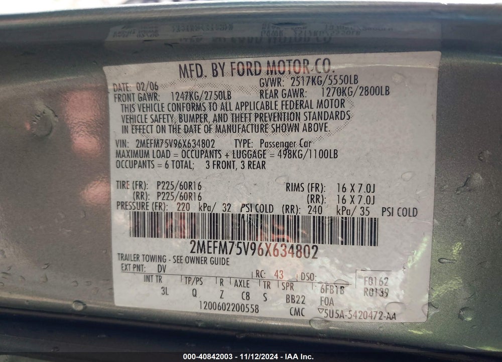 2006 MERCURY GRAND MARQUIS LS VIN: 2MEFM75V96X634802