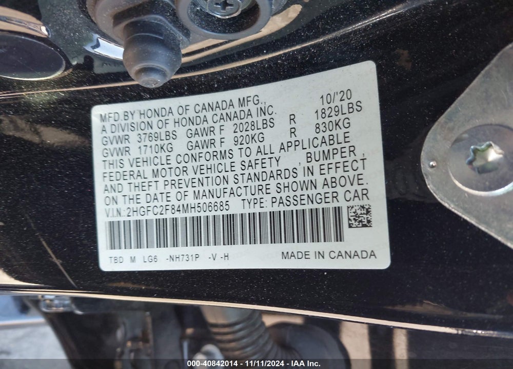 2021 HONDA CIVIC SPORT VIN: 2HGFC2F84MH506685