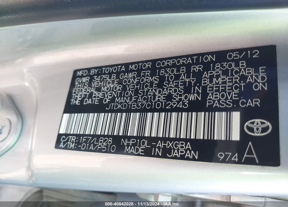 2012 TOYOTA PRIUS C FOUR VIN: JTDKDTB37C1012943