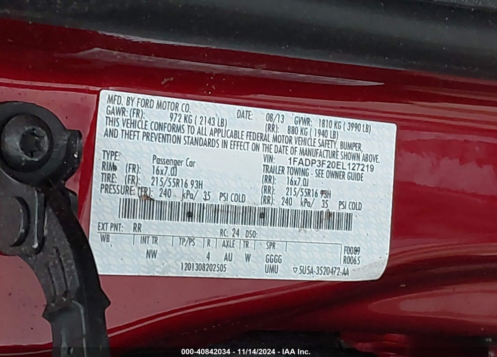 2014 FORD FOCUS SE VIN: 1FADP3F20EL127219
