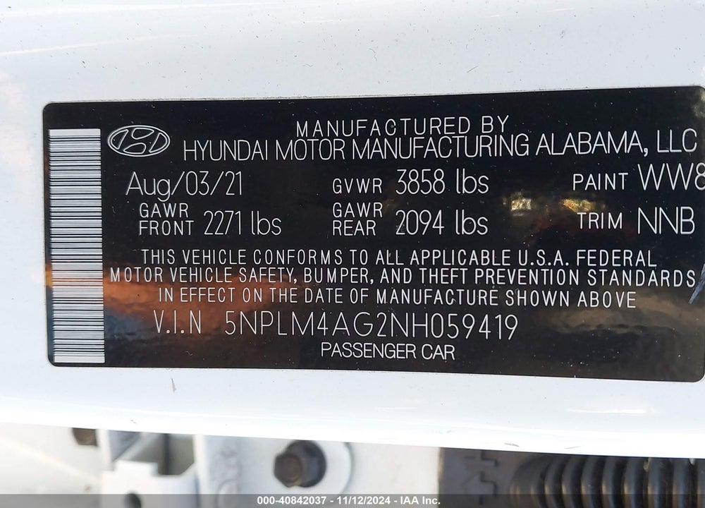 2022 HYUNDAI ELANTRA SEL VIN: 5NPLM4AG2NH059419