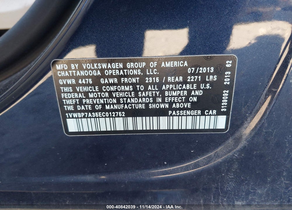 2014 VOLKSWAGEN PASSAT 2.5L SE VIN: 1VWBP7A35EC012752