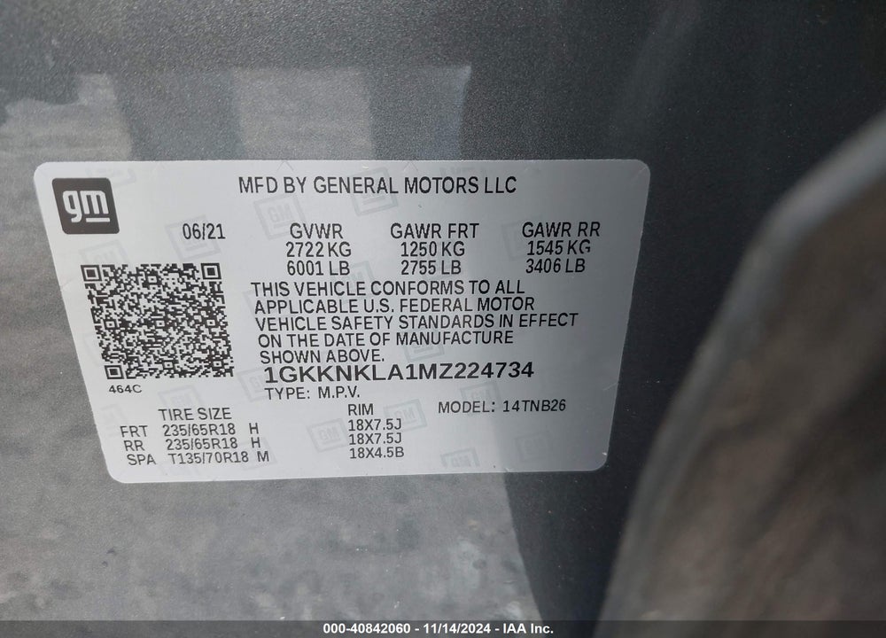 2021 GMC ACADIA FWD SLE VIN: 1GKKNKLA1MZ224734