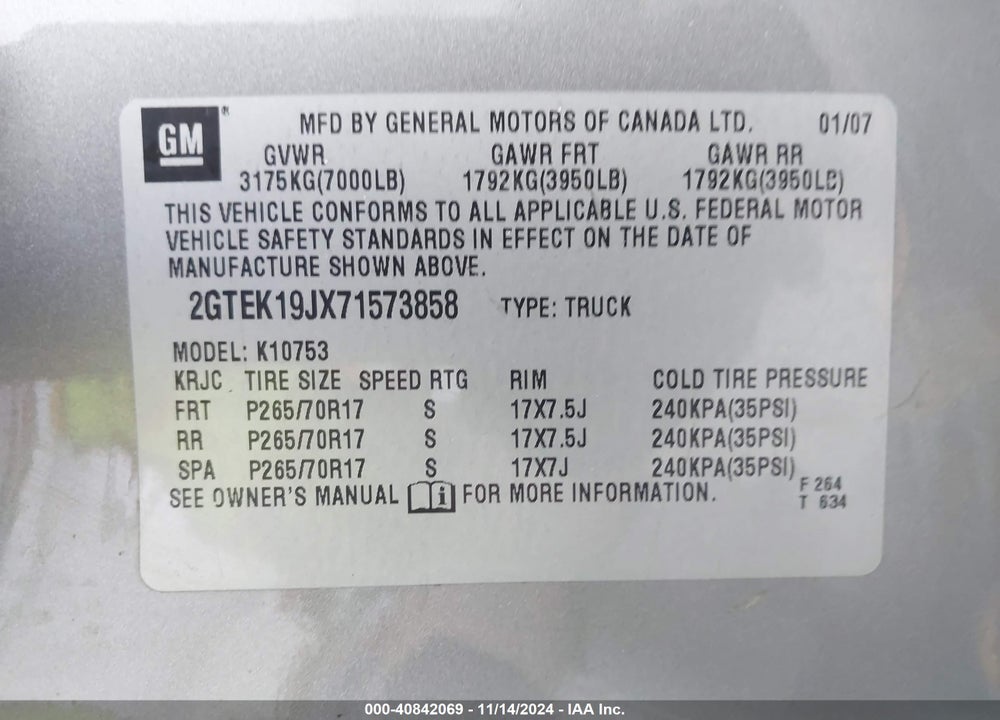 2007 GMC SIERRA 1500 SLE1 VIN: 2GTEK19JX71573858