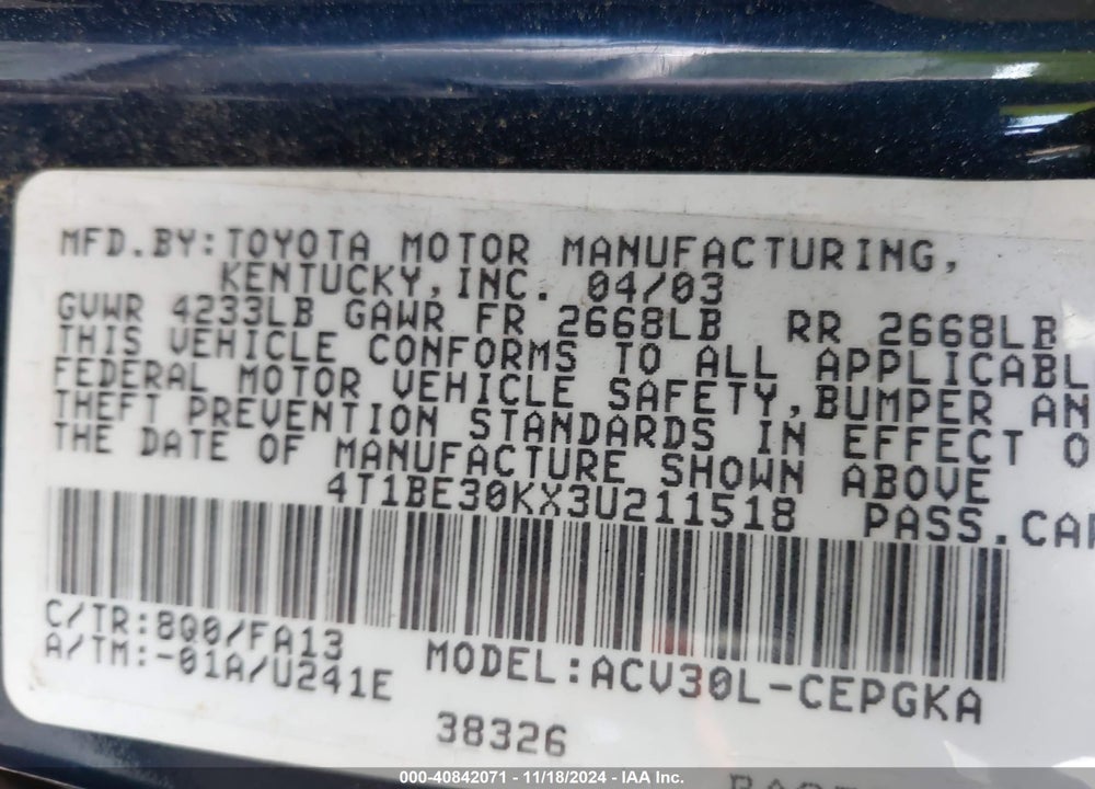 2003 TOYOTA CAMRY XLE VIN: 4T1BE30KX3U211518